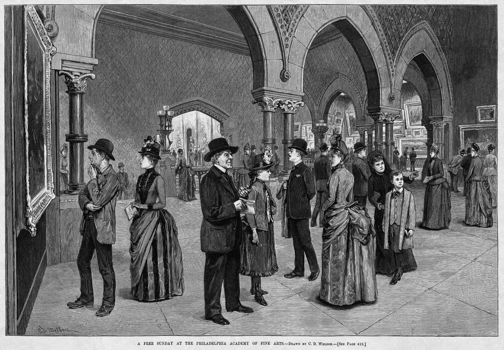 C. D. Weldon, A Free Sunday at the Philadelphia Academy of Fine Arts, Wood engraving published in Harper's Weekly, June 11, 1887